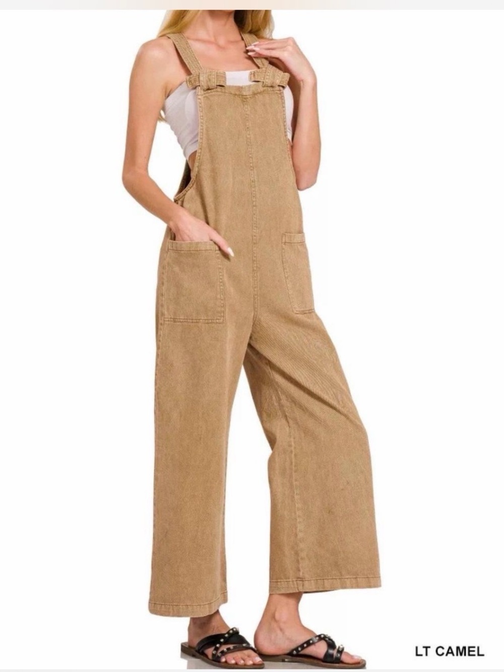 NWT Zenana Ready or Knot Washed Wide Leg Jumpsuit Medium Camel Brown